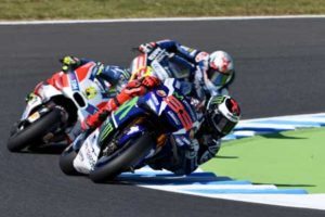 Movistar Yamaha MotoGP’s Spanish rider Jorge Lorenzo (front) takes a corner during the second MotoGP-class free practice at the Japanese Grand Prix at the Twin Ring Motegi circuit in Motegi on Friday. AFP PHOTO