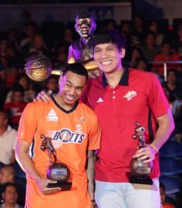 MVP and Rookie of the Year San Miguel Beer’s June Mar Fajardo (right) bags his third consecutive Most Valuable Player award while Meralco’s Chris Newsome emerges as this year’s Rookie of the Year during the Leo Prieto Awards of the Philippine Basketball Association at the Araneta Coliseum on Friday.  PHOTO BY RUSSELL PALMA 