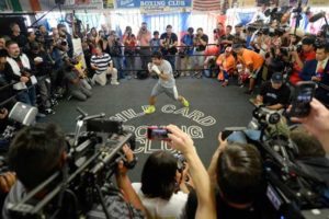 Manny Pacquiao performs shadow boxing at Freddie Roach’s Wild Card Boxing Club in Los Angeles, California. AFP PHOTO