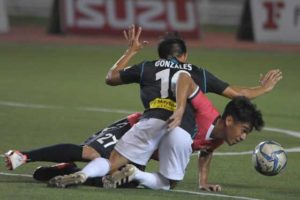 Stallion FC standout Fitch Arboleda (back) and Loyola Meralco Sparks FC’s Andres Gonzales scramble for the ball during their United Football League game on Saturday. UFL Media photo