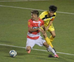 JP Voltes FC top scorer Takumi Uesato, who finished the season with 15 goals, attempts to penetrate the defense of Ceres La Salle FC skipper Sangmin Kim in the UFL at the Rizal Memorial Football Stadium on Sunday. UFL MEDIA PHOTO