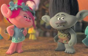 Poppy (voiced by Anna Kendrick) is the happiest Troll ever born who sets off on an adventure with the overly cautious Branch (Justin Timberlake)