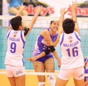 Former Bali Pure ace hitter Alyssa Valdez (No. 2) hammers a kill against Pocari Sweat’s Elaine Kasilag and Lutgarda Malaluan during the Shakey’s V-League Season 13 Open Conference. Valdez will now play for Bureau of Customs in the Reinforced Conference. FILE PHOTO