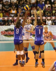 Michelle Gumabao (No.7) of Pocari Sweat defies BaliPure’s net defense made up of Dzi Gervacio (No.9) and Rysabelle Devanadera during their Shakey’s VLeague Reinforced Conference encounter at the Philsports Arena. CONTRIBUTED PHOTO