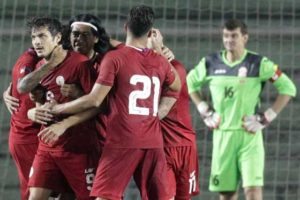 Misagh Bahadoran celebrates with fellow Azkals after the Philippines’ victory over Kyrgyzstan in a friendly match Wednesday evening at the Rizal Memorial Stadium. PHOTO BY DJ DIOSINA