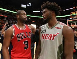 Dwyane Wade No.3 of the Chicago Bulls talks with Justise Winslow No.20 of the Miami Heat after the game at American Airlines Arena on Friday in Miami, Florida.  AFP PHOTO