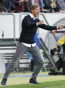 Julian Nagelsmann celebrating the 2-1 victory after the German first division Bundesliga football match Hoffenheim vs Hertha Berlin in Sinsheim, southern Germany.  AFP PHOTO