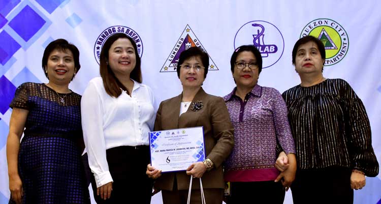 (From left to right) Ramona Abarquez of Quezon City Health Department, Claire Papa of Unilab, Maria Francia Miciano-Laxamana, QCity Health Officer 3 Verdades Linga and QC Health Department Chief of Midwifery Mency Medalla