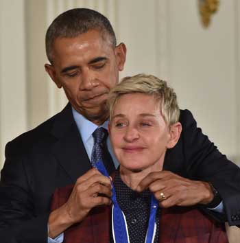 Ellen DeGeneres gets emotional as she receives her medal AFP PHOTO