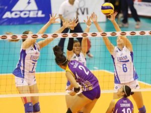 Alyssa Valdez connects against Pocari’s Breanna Mackie, Siemens Dadang and Michele Gumabao but the top Customs’ hitter struggled all game in the face of the Lady Warriors’ solid net defense during Game One of the Shakey’s V-League Reinforced Conference Finals on Saturday.  CONTRIBUTED PHOTO