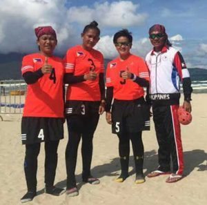 (From left) Josefina Maat, Gelyn Evora, Deseree Autor with coach Espiridion Rodriguez during the 5th Asian Beach Games in Da Nang, Vietnam in September.  CONTRIBUTED PHOTO