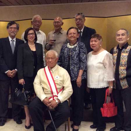 HE MUST BE GOOD? Virata in group picture at honoring ceremony by the Japanese embassy Nov. 25, 2016. With officials from different administrations: clockwise from extreme left: Emmanuel Esguerra, NEDA head under Benigno Aquino III; Jaime Laya, Marcos’ central bank governor; Ernest Leung and Victor Macalincag, Marcos’ finance undersecretaries; Romeo Bernardo, President Ramos’ finance undersecretary and Globe Telecoms board member. To Virata’s left is Amina Rasul-Bernardo, Ramos’ Presidential Adviser on Youth Affairs and an avid supporter of Aquino III’s peace pact with the MILF.