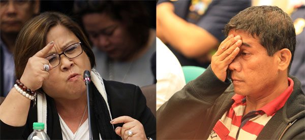 LIES! LIES! Sen. Leila de Lima gestures as she maintains that her former lover Ronnie Dayan (left) and Kerwin Espinosa lied in their testimonies. The lawmaker maintained that she never knew or met Espinosa. PHOTOS BY ROGER RAÑADA AND BOB DUNGO 