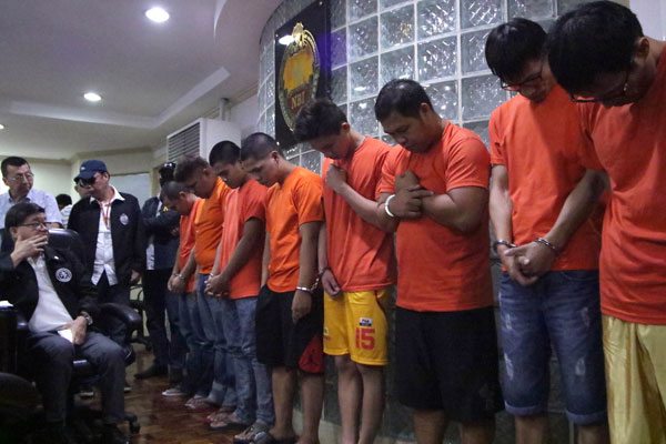 BIGGEST SHABU BUST Justice Secretary Vitaliano Aguirre 2nd (left) presents to the media suspects arrested in a series of operations by agents of the NBI Task Force Against Ilegal Drugs. PHOTO BY BOB DUNGO JR.