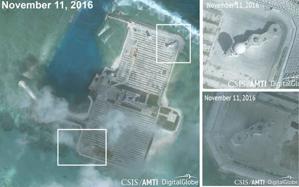 MILITARIZED? Photos from the Asia Maritime Transparency Initiative of the Washington-based Center for Strategic and International Studies show supposed “point-defense systems” at Cuarteron Reef, where China has built an artificial island. The reef is occupied by China but is claimed by the Philippines as part of Kalayaan municipality in Palawan. 