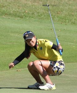 Saranporn Langkulgasettrin reacts after drilling a clutch birdie putt on No. 16. CONTRIBUTED PHOTO 