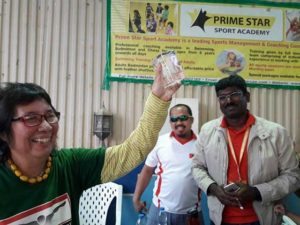 Philippine Swimming League President Susan Papa with Filipino coach Francis Segui and Prime Star Sport Academy’s Ravi Kumar during the presentation of recogniton at the Prime Star Sport Academy in Dubai, United Arab Emirates (inset). Papa shares swimming techniques with Indian tankers during the one-day clinic at the same venue. CONTRIBUTED PHOTOs