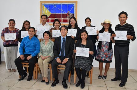 Filipino volunteers to Israel with Philippine Ambassador Neal Imperial (seated, second from right) 
