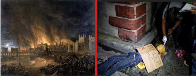 Left, the Great Fire of London in 1666; right, casualty of war vs illegal drugs in the Philippines, 2016.