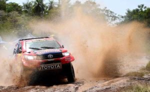Toyota’s pilot Nasser Al-Attiyah of Qatar and his co-pilot Mathieu Baumel of France compete during the 2017 Dakar Rally Stage 1 between Asuncion and Resistencia, in Argentina, on Tuesday. AFP PHOTO 