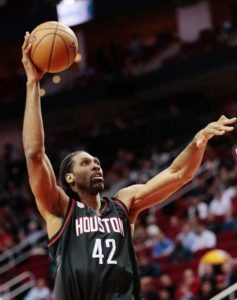 Nene Hilario No.42 of the Houston Rockets drives to the basket against the Oklahoma City Thunder at Toyota Center on Friday in Houston, Texas.  AFP PHOTO