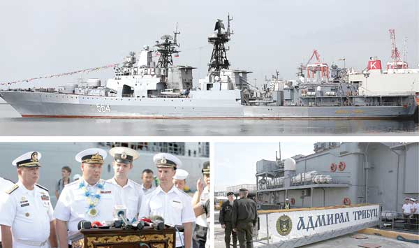 THE RUSSIANS ARE HERE The Russian submarine destroyer Admiral Tributs (above) arrives at South Harbor’s Pier 15 on Tuesday for a goodwill visit until January 7. Below, left, Rear Admiral Eduard Mikhailov, deputy commander of the Russian Navy’s Pacific fleet, answers questions from the press. Below, right, Russian sailors stand guard at the gangway leading to the Admiral Tributs. PHOTOS BY RUSSELL PALMA