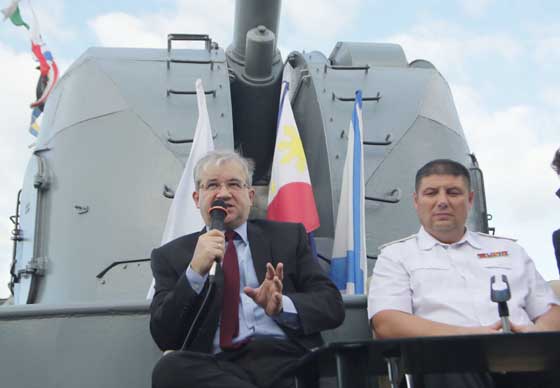 MAKING FRIENDS Russian Ambassador Igor Khovaev talks to reporters on board the Admiral Tributs that docked in Manila. PHOTO BY BOB DUNGO JR.