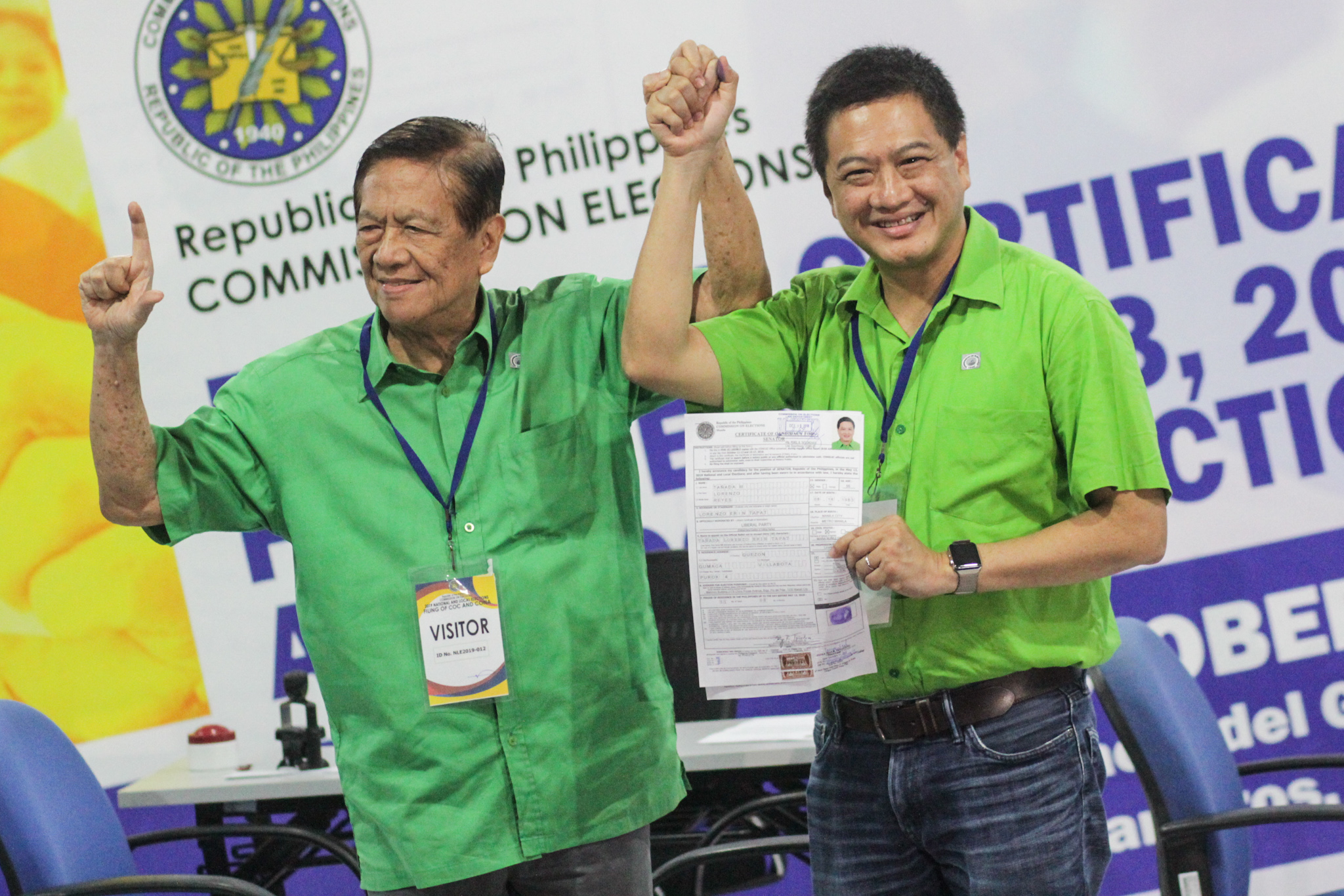 Former Deputy Speaker Erin Tañada of the House of Representatives, together with his father, former senator Wigberto Tañada, files his CoC for senator at the Comelec on Tuesday. PHOTO BY DANTE DIOSINA JR. 