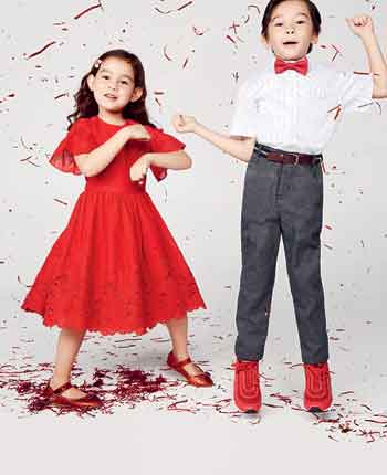 Get the kids ready to dance in a red ruffle-sleeved eyelet dress and glittery pumps for girls and a short sleeved button down polo and woven pants for boys.