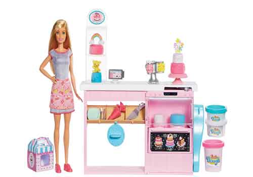 Baking is made more fun and fancy with Barbie’s Cake Bakery Playset.