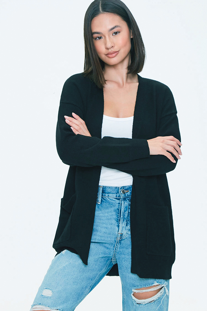 This black
cardigan over a
white top is perfect
for zoom meetings